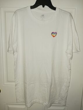 New Balance White Short Sleeve Tee with Rainbow Heart Patch